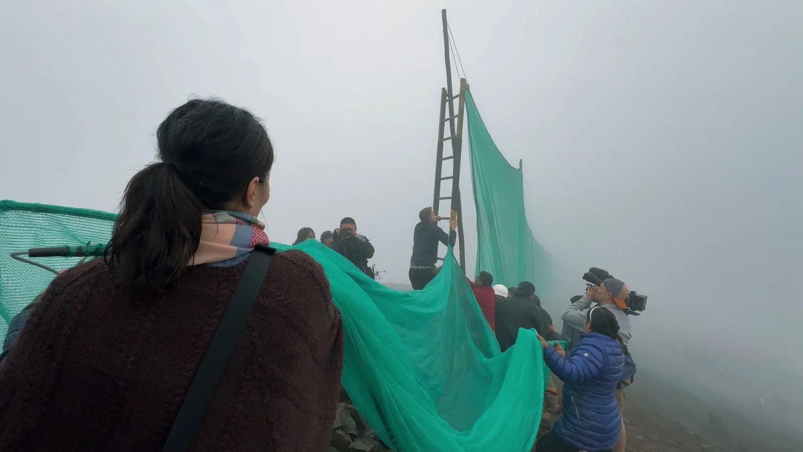 Crew filming with large fog-catching nets