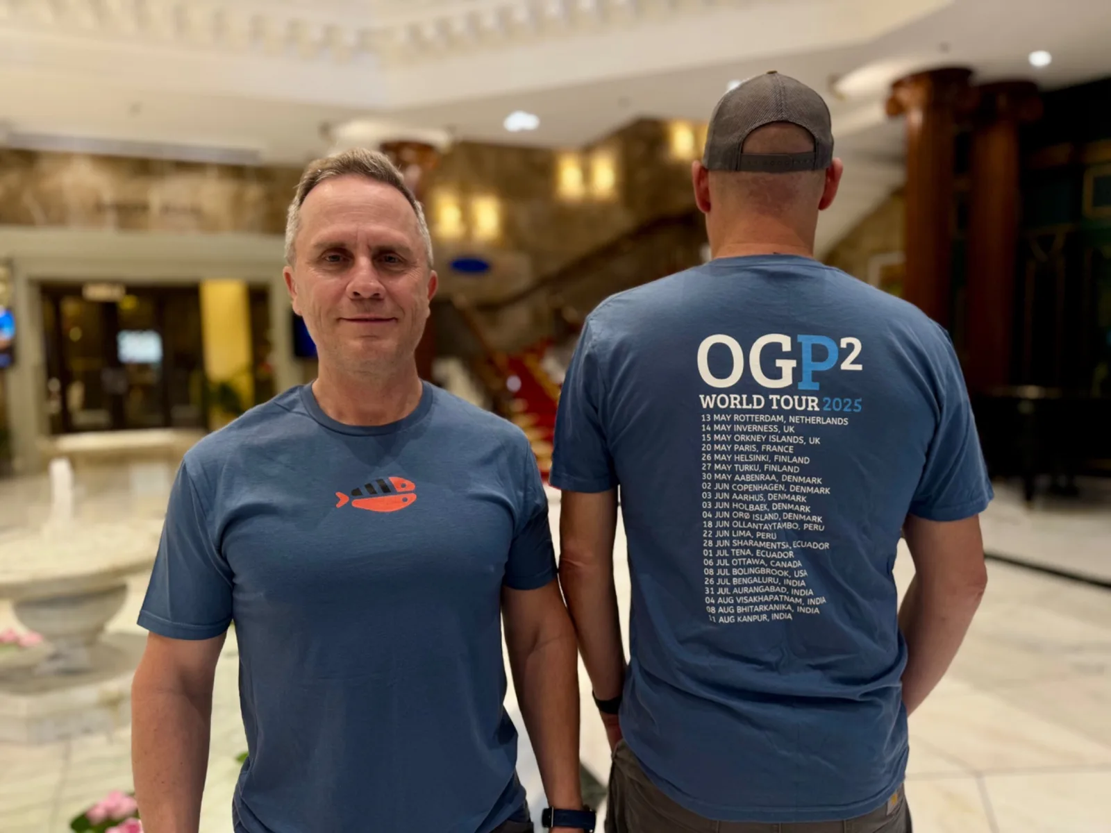 Mark Stevenson and Scott Burton wearing the OGP2 world tour crew shirts